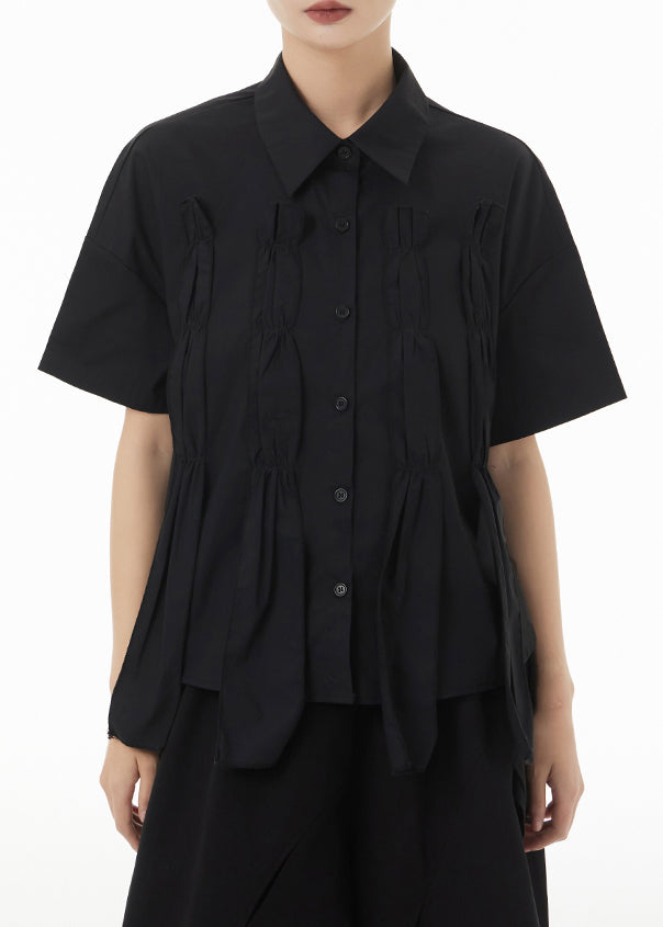 New Black Asymmetrical Wrinkled Patchwork Cotton Shirts Summer
