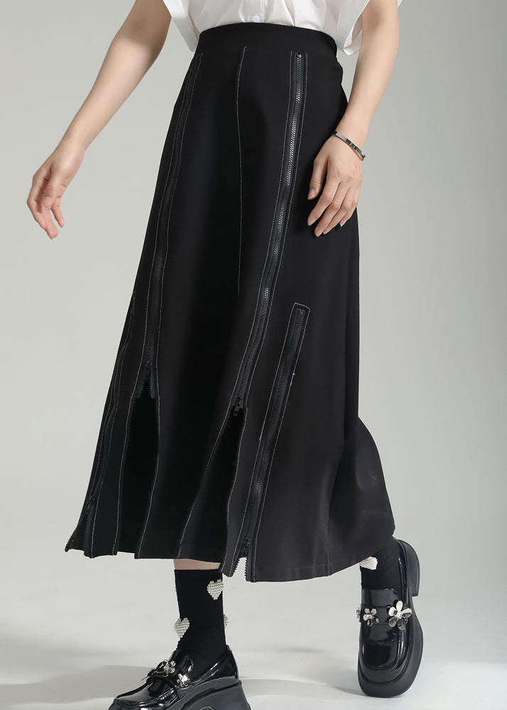 New Black Asymmetrical Zip Up Patchwork Cotton Skirts Fall
