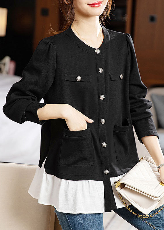 New Black Button Pockets Patchwork Cotton Top Long Sleeve