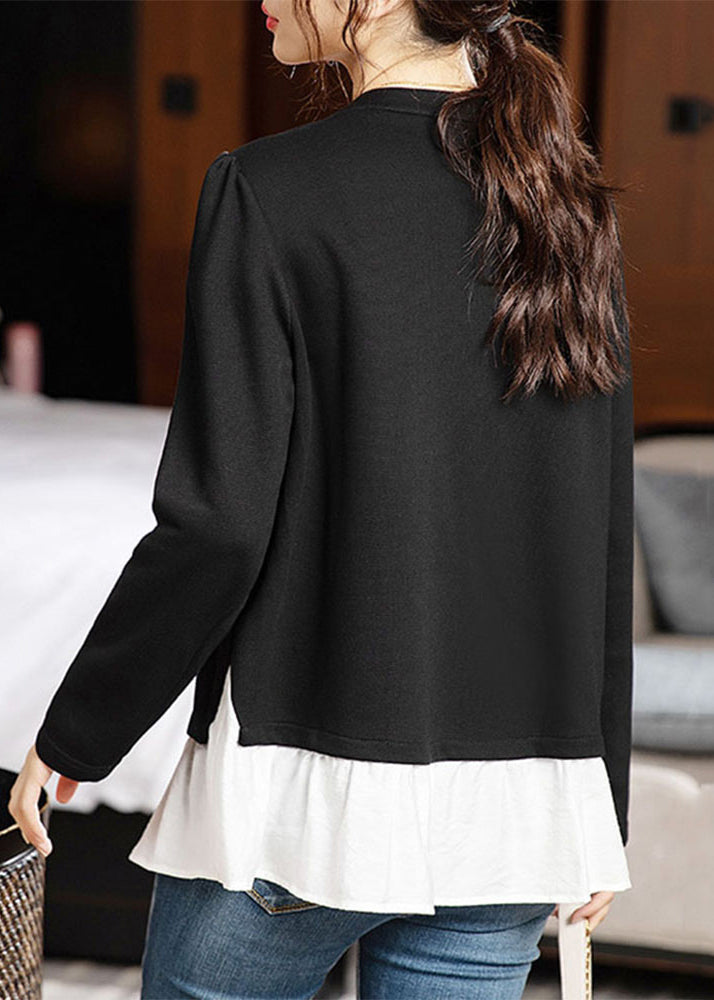 New Black Button Pockets Patchwork Cotton Top Long Sleeve