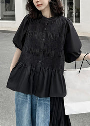 New Black Button Wrinkled Patchwork Cotton Shirt Tops Lantern Sleeve