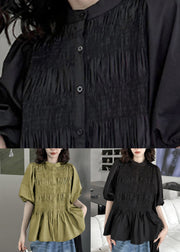 New Black Button Wrinkled Patchwork Cotton Shirt Tops Lantern Sleeve