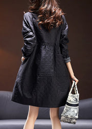 New Black Cinched Button Pockets Cotton Coat Long Sleeve