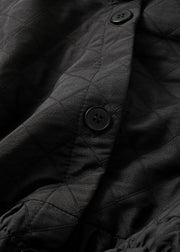 New Black Cinched Button Pockets Cotton Coat Long Sleeve