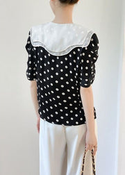 New Black Dot Lace Up Patchwork Chiffon Top Short Sleeve