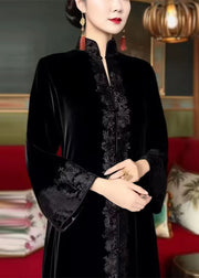 New Black Embroidered Button Fleece Long Dresses Flare Sleeve