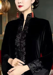 New Black Embroidered Button Fleece Long Dresses Flare Sleeve