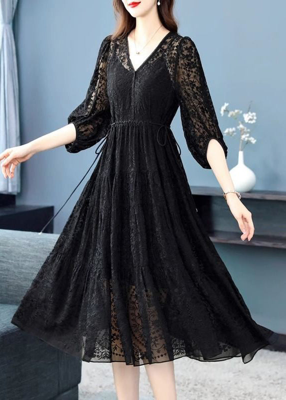 New Black Embroideried Nail Bead Lace Long Dress Half Sleeve