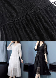 New Black Embroideried Nail Bead Lace Long Dress Half Sleeve