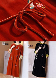 New Black Embroidered Pockets Silk Velour Dress Long Sleeve