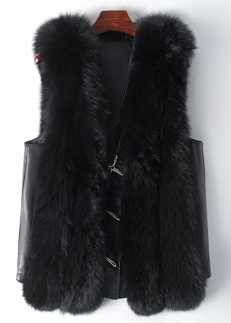 New Black Fox Collar Button Patchwork Leather And Fur Waistcoat Sleeveless