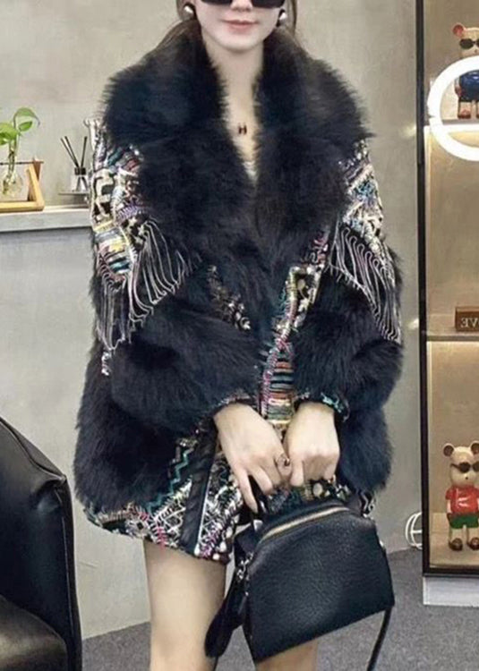 New Black Fur Collar Tasseled Patchwork Fuzzy Fur Coats Winter