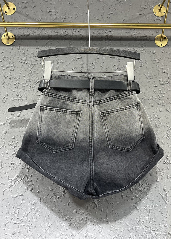 New Black Grey Gradient Design Pocket Panel Denim Shorts Autumn