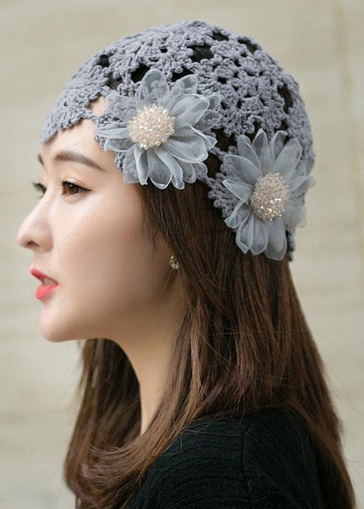 New Black Hollow Out Floral Thin Knit Bonnie Hat