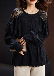 New Black Hollow Out Lace Patchwork Knit Tops Long Sleeve
