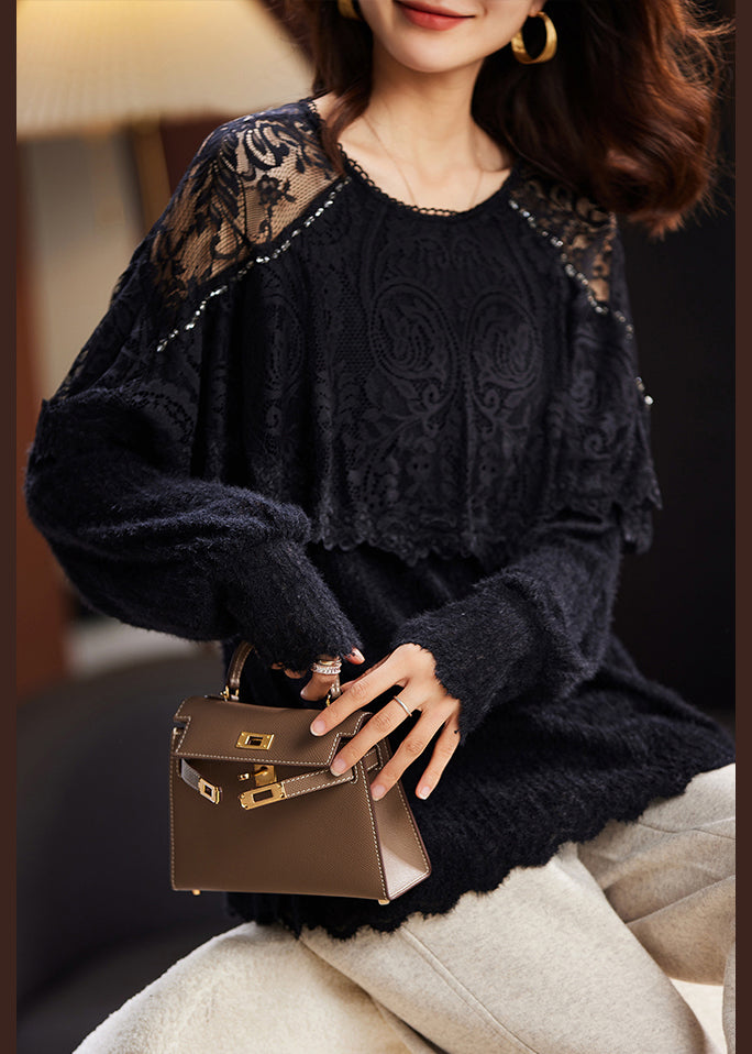 New Black Hollow Out Lace Patchwork Knit Tops Long Sleeve