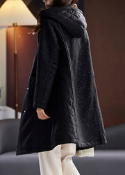 New Black Hooded False Two Pieces Cotton Filled Coats Long Sleeve
