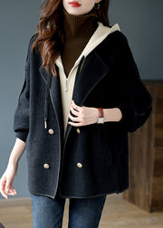 New Black Hooded Patchwork False Two Pieces Woolen Coats Fall