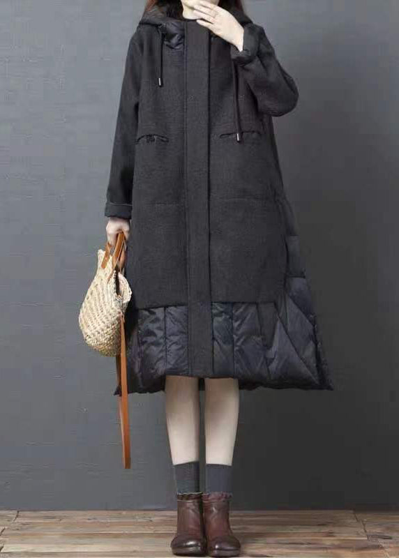 New Black Hooded Pockets Patchwork Thick Woolen Long Coat Winter
