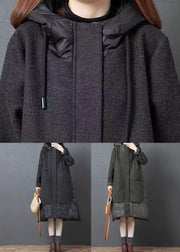 New Black Hooded Pockets Patchwork Thick Woolen Long Coat Winter