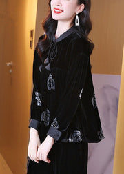 New Black Lace Up Print Wrinkled Silk Velour Shirt Long Sleeve