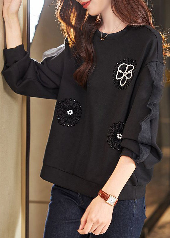 New Black Nail Bead Tulle Patchwork Cotton Sweatshirt Spring