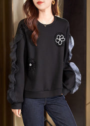 New Black Nail Bead Tulle Patchwork Cotton Sweatshirt Spring