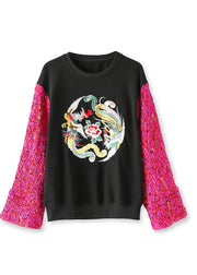New Black O Neck Embroidered Patchwork Cotton Sweatshirts Fall