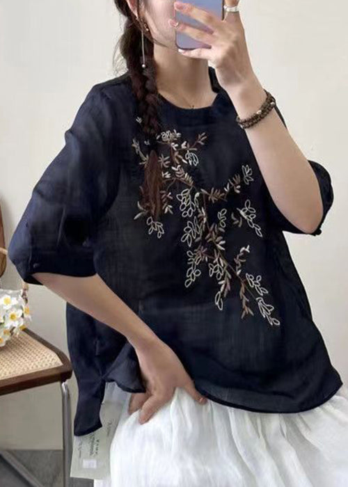 New Black O-Neck Embroidered Patchwork Cotton T Shirt Half Sleeve