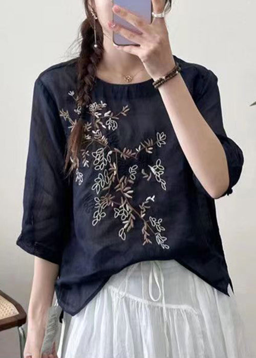 New Black O-Neck Embroidered Patchwork Cotton T Shirt Half Sleeve