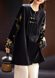 New Black O-Neck Embroideried Silk Velour Patchwork Top Long Sleeve