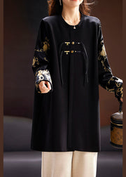 New Black O-Neck Embroideried Silk Velour Patchwork Top Long Sleeve