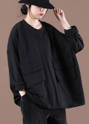 New Black O-Neck Pockets Sweatshirt Streetwear - SooLinen