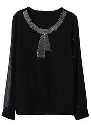 New Black O Neck Zircon Tulle Patchwork Top Long Sleeve