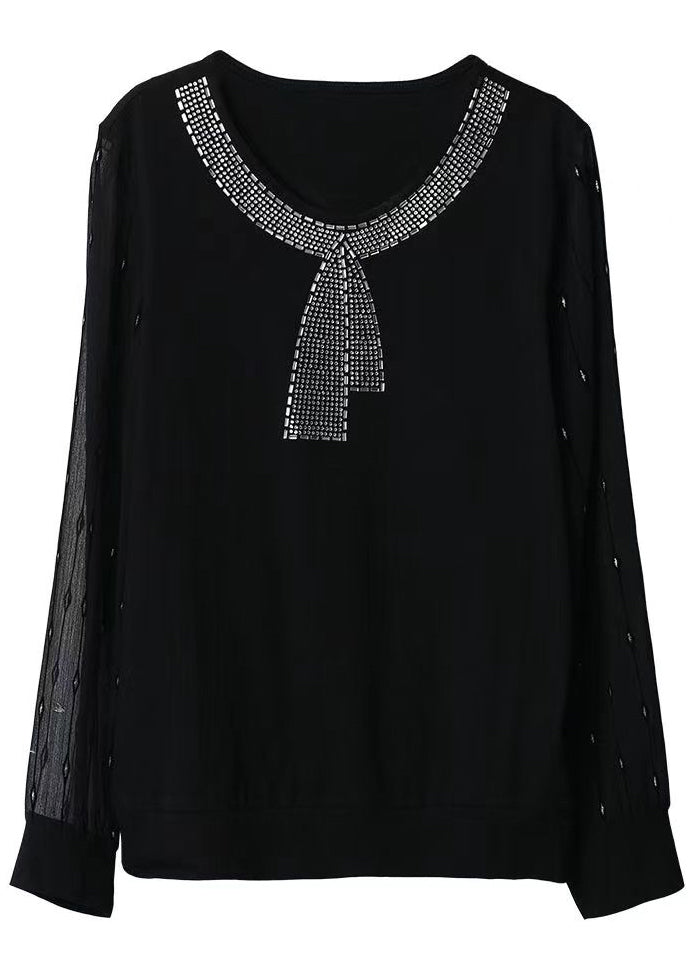 New Black O Neck Zircon Tulle Patchwork Top Long Sleeve