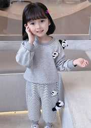 New Black Panda Striped Patchwork Cotton Girls Two Pieces Set Fall