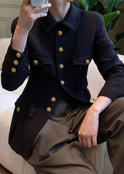 New Black Peter Pan Collar Button Patchwork Cotton Coat Fall