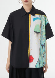 New Black Peter Pan Collar Print Patchwork Cotton Shirts Summer