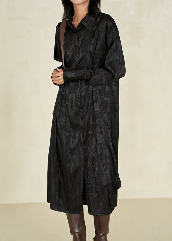 New Black Print Side Open Cotton Blouse Long Dresses Fall