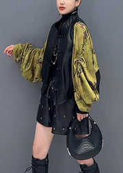 New Black Print Wrinkled Faux Leather Patchwork Coat Fall