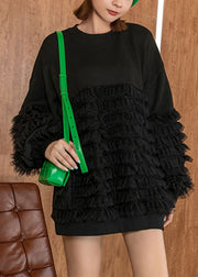 New Black Ruffled Patchwork Cotton Top Fall
