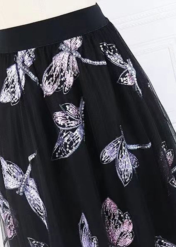 New Black Sequins Embroidery Elastic Waist Tulle Skirts Spring Summer