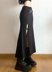 New Black Side Open High Waist Patchwork Cotton Fishtail Skirts Fall