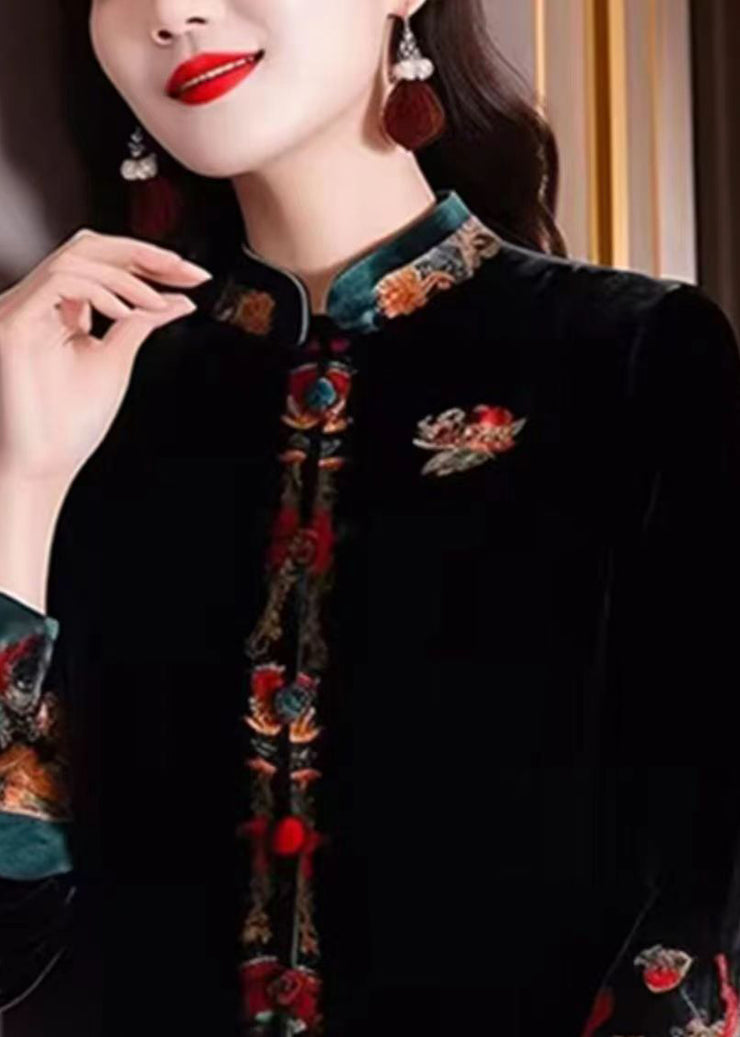 New Black Stand Collar Embroidered Button Silk Coats Fall