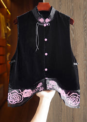 New Black Stand Collar Embroidered Button Silk Velour Waistcoat Sleeveless