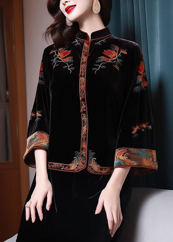 New Black Stand Collar Embroidered Patchwork Silk Velour Top Fall