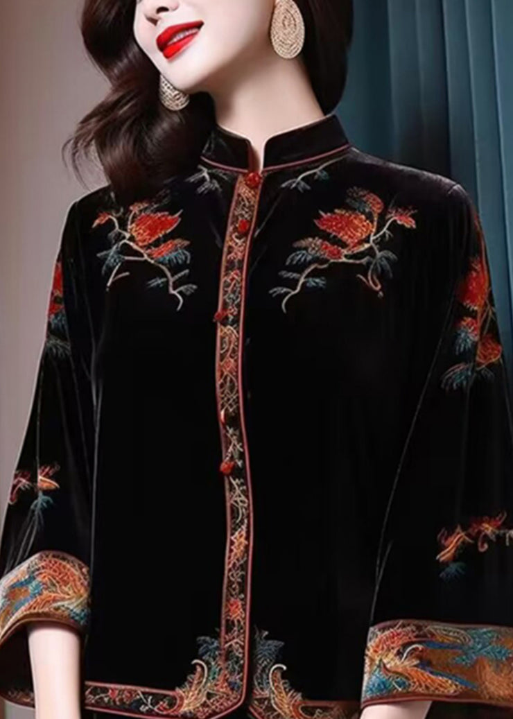 New Black Stand Collar Embroidered Patchwork Silk Velour Top Fall