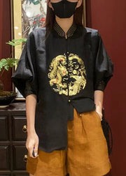 New Black Stand Collar Print Button Cotton Blouse Spring