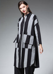 New Black Striped Button Pockets Long Coat