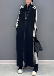 New Black Striped Zip Up Pockets Cotton Knit Long Dress Fall